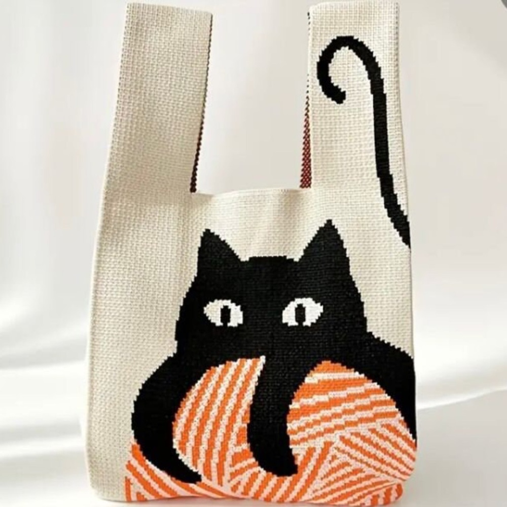 RARE! Japanese Knit Handbag w/ Black Cat Design - Unique & Handcrafted Style